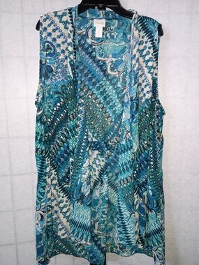 Chico's Teal Patterned Sleeveless Open Front Cardigan/Kimono Vest